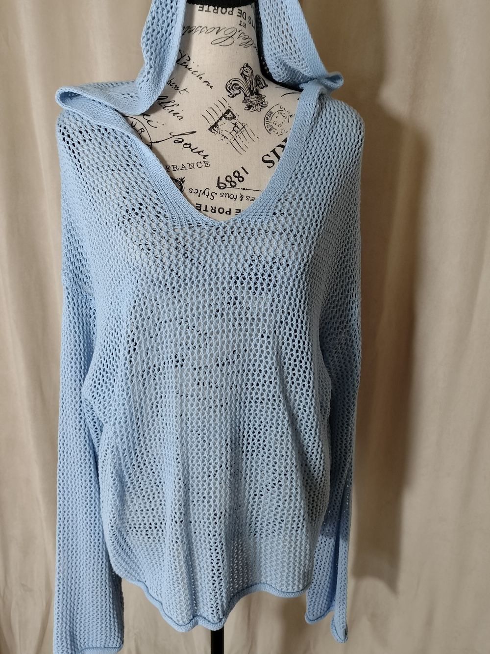 SHEIN Light Blue Open-Weave V-Neck Hooded Sweater
